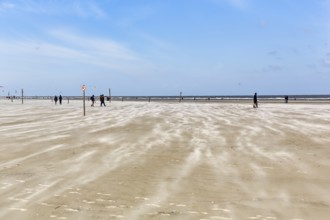 Walk on the sandy beach, sand drifting in the wind, surf on the horizon, Sankt Peter-Ording,