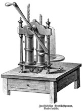 Front view of a two-stage valve air pump, valve, hollow brass cylinder, piston, air pump, air
