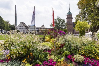Floral decorations on the market square in Freudenstadt in the Black Forest, the largest built-up