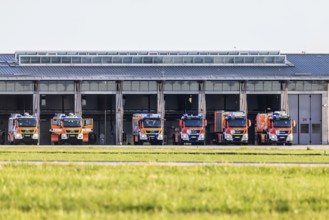 Airport fire brigade at Stuttgart Airport. Fire engines in the fire station. Stuttgart,