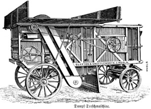 Steam threshing machine, threshing grain, inscription, Clayton and Shuttleworth, Lincoln, engine
