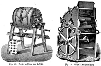 Butter churn by Lefeldt, production of butter, wooden frame, butter churn, crank, goel threshing