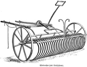 Horses rake with steel teeth, iron wheels, draft animal, agriculture in the 19th century,