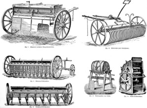 Schamberts improved fertiliser machine, horse rake with steel teeth, Germania seed drill and
