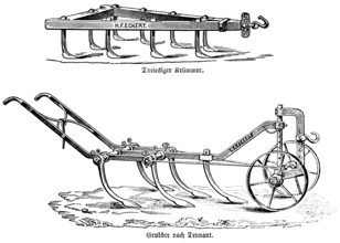 Triangular bend, cultivator for soil loosening and crumbling according to Tennant, iron tines,