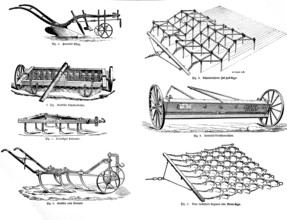 Howard's plough, wrought-iron zig-zag harrow, Kroskill's clod crusher, triangular bend, universal
