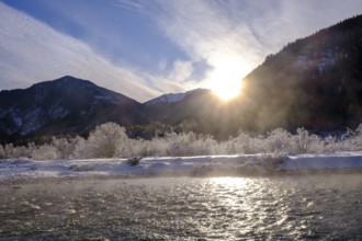 Sunrise in the forest on the young Isar in winter between Wallgau and Vorderriss, Tölzer Land,