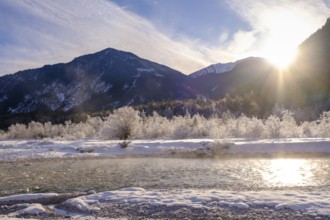 Sunrise in the forest on the young Isar in winter between Wallgau and Vorderriss, Tölzer Land,