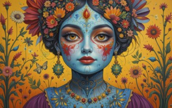 A vibrant portrait of a woman with blue skin, adorned with floral decorations and intricate