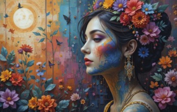 A vibrant artwork showcases a woman adorned with floral headpiece and face paint, set against a