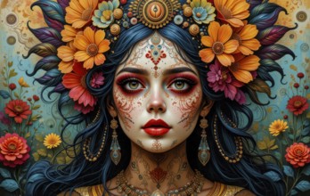 This vibrant image features a woman's face adorned with floral headdress and intricate face paint,