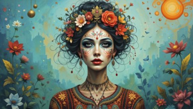 A stunning portrait of a woman adorned with floral decorations and intricate face paint, set