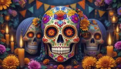 A vibrant image of beautifully decorated sugar skulls, candles, and colorful flowers set in a