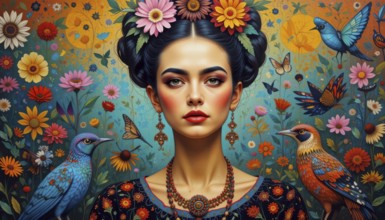A vibrant portrait of a woman adorned with flowers and birds, set against a backdrop of colorful
