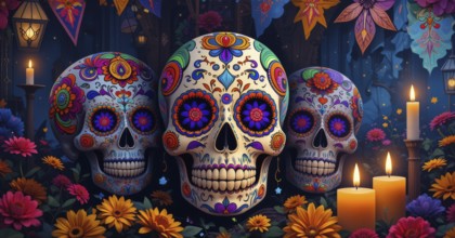 A vibrant depiction of Día de los Muertos, with three elaborately decorated sugar skulls surrounded