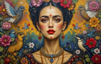 A captivating portrait of a woman adorned with flowers and birds, emanating beauty and cultural