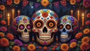 Vibrant artwork depicting three intricately decorated sugar skulls, surrounded by flowers and