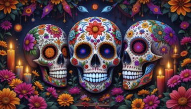Vibrant artwork depicting three decorated sugar skulls with flowers, candles, and festive