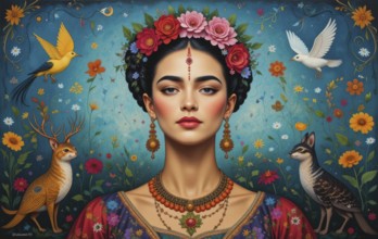 A portrait of a woman adorned with flowers, birds, and animals, rendered in a vibrant and artistic