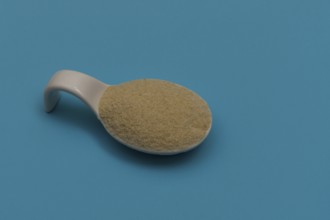 White ceramic spoon with breadcrumbs and blue background