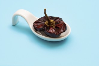 White ceramic spoon with dried bell pepper and blue bottom