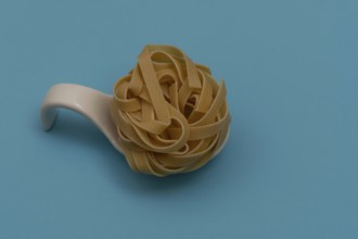 White ceramic spoon with spaghetti and blue background