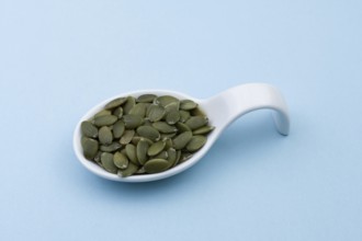 White ceramic spoon with pumpkin seeds and blue bottom