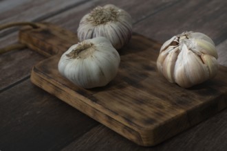 Whole and peeled garlic on wooden board and white background