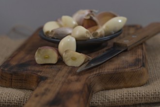 Whole and peeled garlic on wooden board and white background