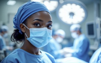 An African-American female surgeon in an operating room. She is wearing a surgical mask and cap,