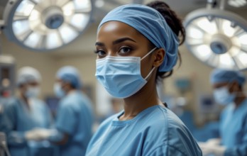 A beautiful black female surgeon wearing a surgical mask and scrub cap in an operating room,