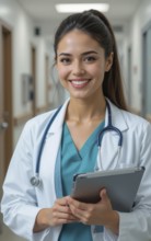A smiling female doctor stands in a hospital hallway, holding a tablet and wearing a stethoscope.