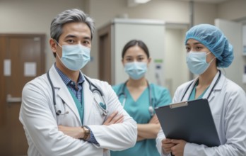 A team of healthcare professionals, wearing masks and scrubs, stands together in a hospital