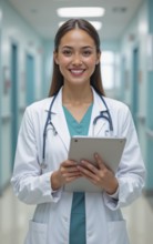 A smiling female doctor in a white coat and stethoscope holds a tablet in a hospital hallway, AI
