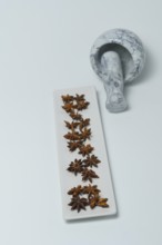 Close-up of star anise illicium verum in a white dish with a marble mortar isolated on white