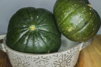 Green pumpkins in a ceramic bowl on wood and a white background