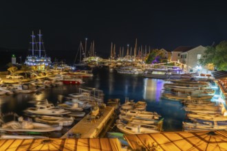 Boats in the harbour of Bol, night shot, island Brac, Dalmatia, Croatia