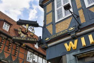 Glockenspiel, clock, jewellery shop, architectural detail with Stechbahn lettering, half-timbered