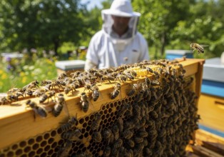 A close-up of a honeycomb frame bustling with honeybees, with a blurred beekeeper and beehive in