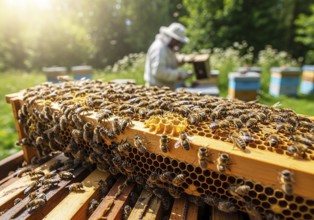 A close-up of a honeycomb frame bustling with honeybees, with a blurred beekeeper and beehive in