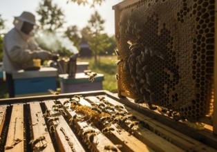 A close-up of a honeycomb frame bustling with honeybees, with a blurred beekeeper and beehive in