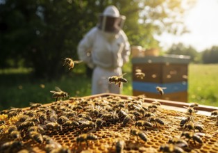 A close-up of a honeycomb frame bustling with honeybees, with a blurred beekeeper and beehive in