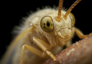 : Extreme close-up of an insect's head, revealing intricate compound eyes, delicate antennae, and