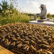 A close-up of a honeycomb frame bustling with honeybees, with a blurred beekeeper and beehive in