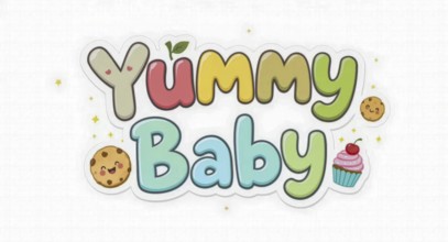 This adorable image features the words 'Yummy Baby' in colorful, playful lettering, accompanied by