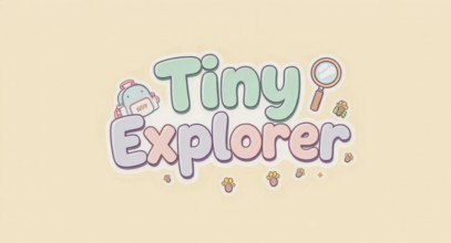 A cute illustration of the words Tiny Explorer accompanied by a backpack, magnifying glass, and paw