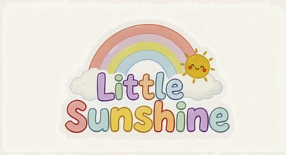 A colorful illustration of a rainbow, sun, and clouds with the words Little Sunshine, AI generated