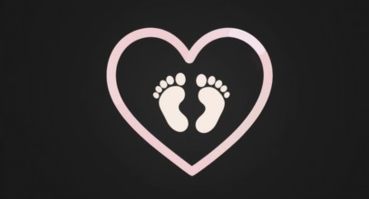 A pink heart with baby footprints inside on a black background, perfect for baby-related themes.