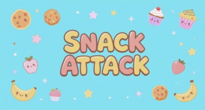A cute illustration with a Snack Attack theme, featuring various snacks, and cartoon characters on