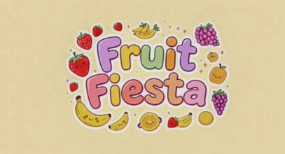 A cheerful illustration showcasing a 'Fruit Fiesta' banner with various fruits like strawberries,